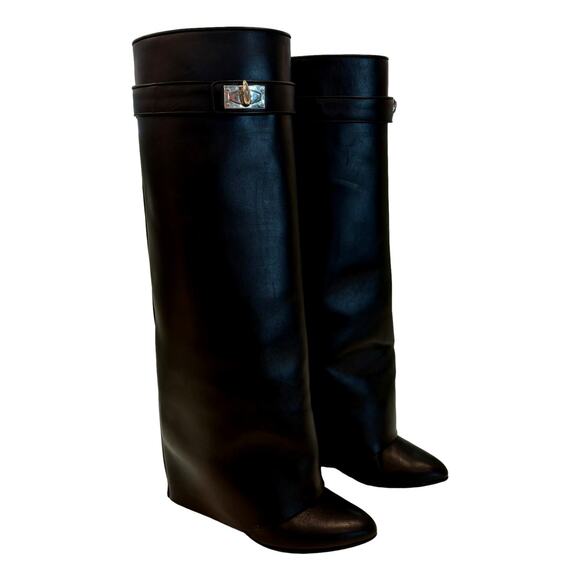 Givenchy Shark Lock Leather Wedge Knee High Boots Black Women’s 38 8 - Picture 1 of 17